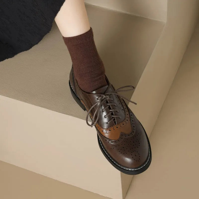 Brown women's sheepskin stitching retro brogue leather shoes with low heel and cross strap