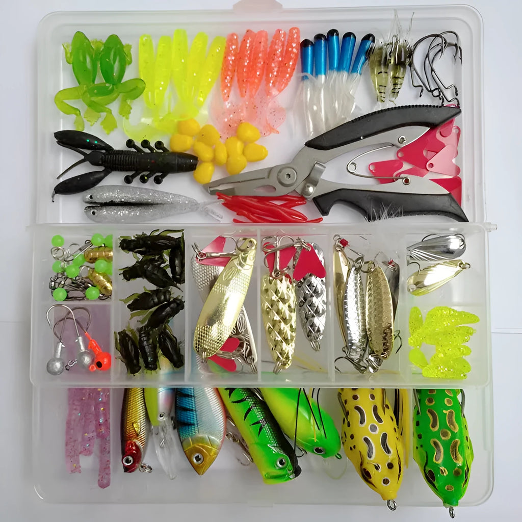 142-piece fishing lure kit with metal pliers and hard mino style lures