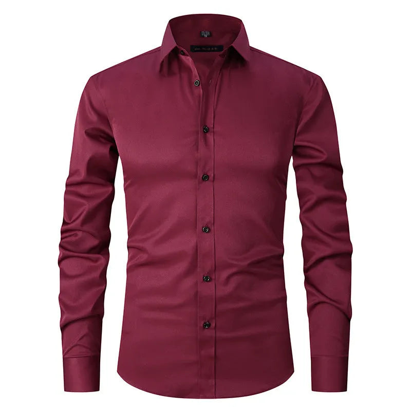 Men's stretch polyester long sleeve work shirt shown in a colour option, laid flat to show design.