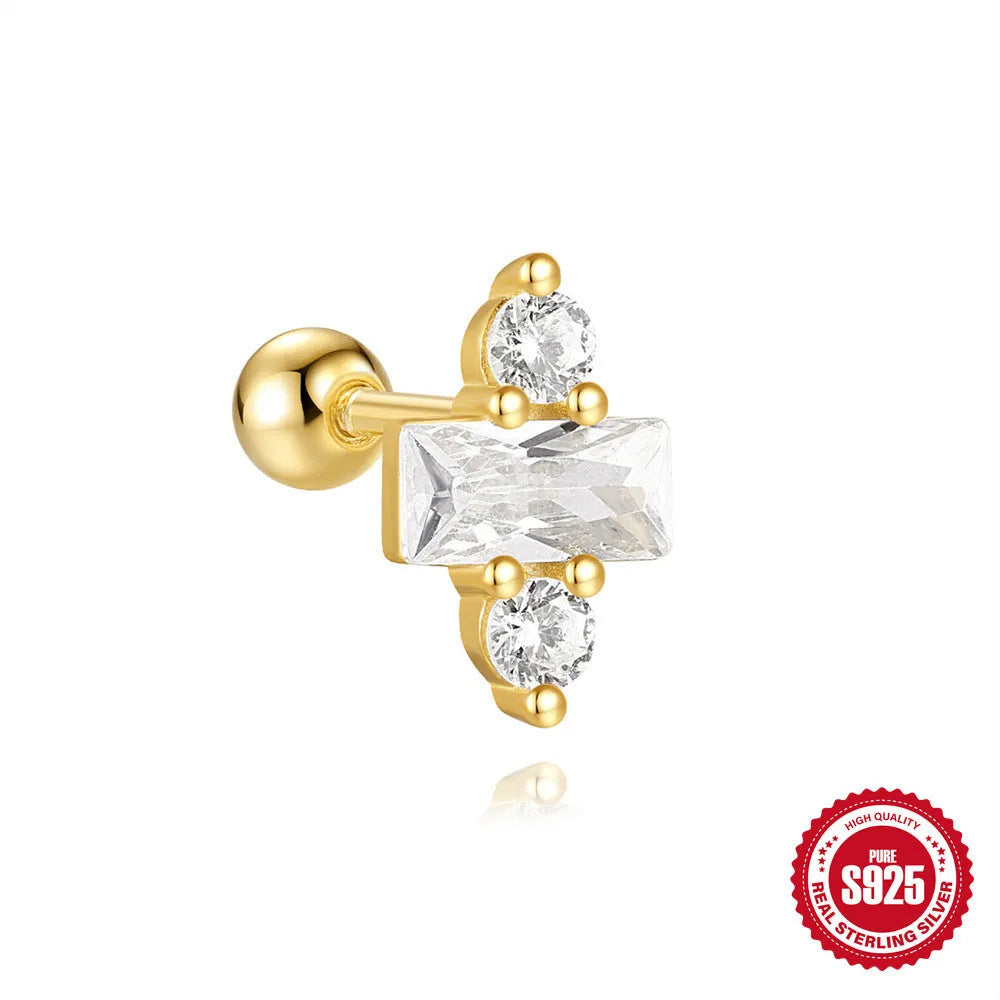 S925 sterling silver flower stud earrings with square gravel setting in golden electroplated finish