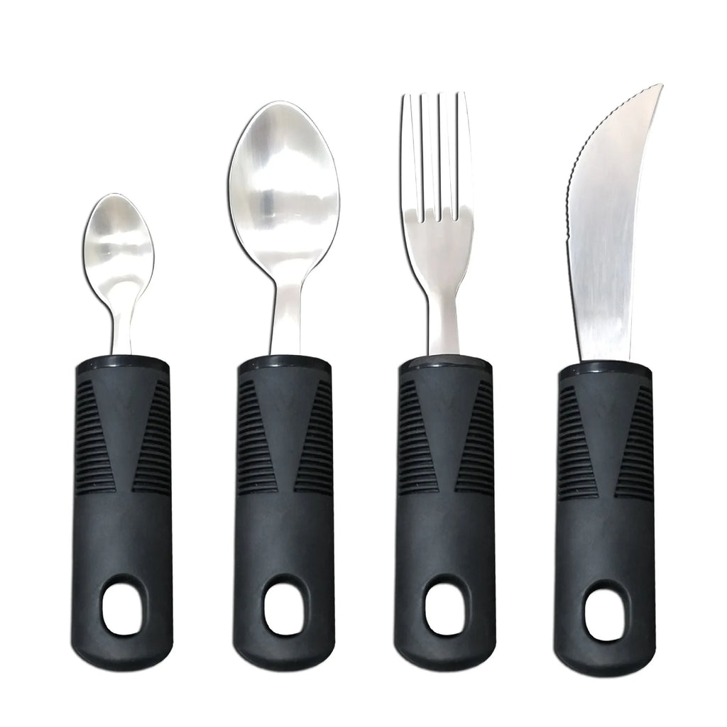 Stainless steel adaptive cutlery set with rubber handles for elderly or disabled users