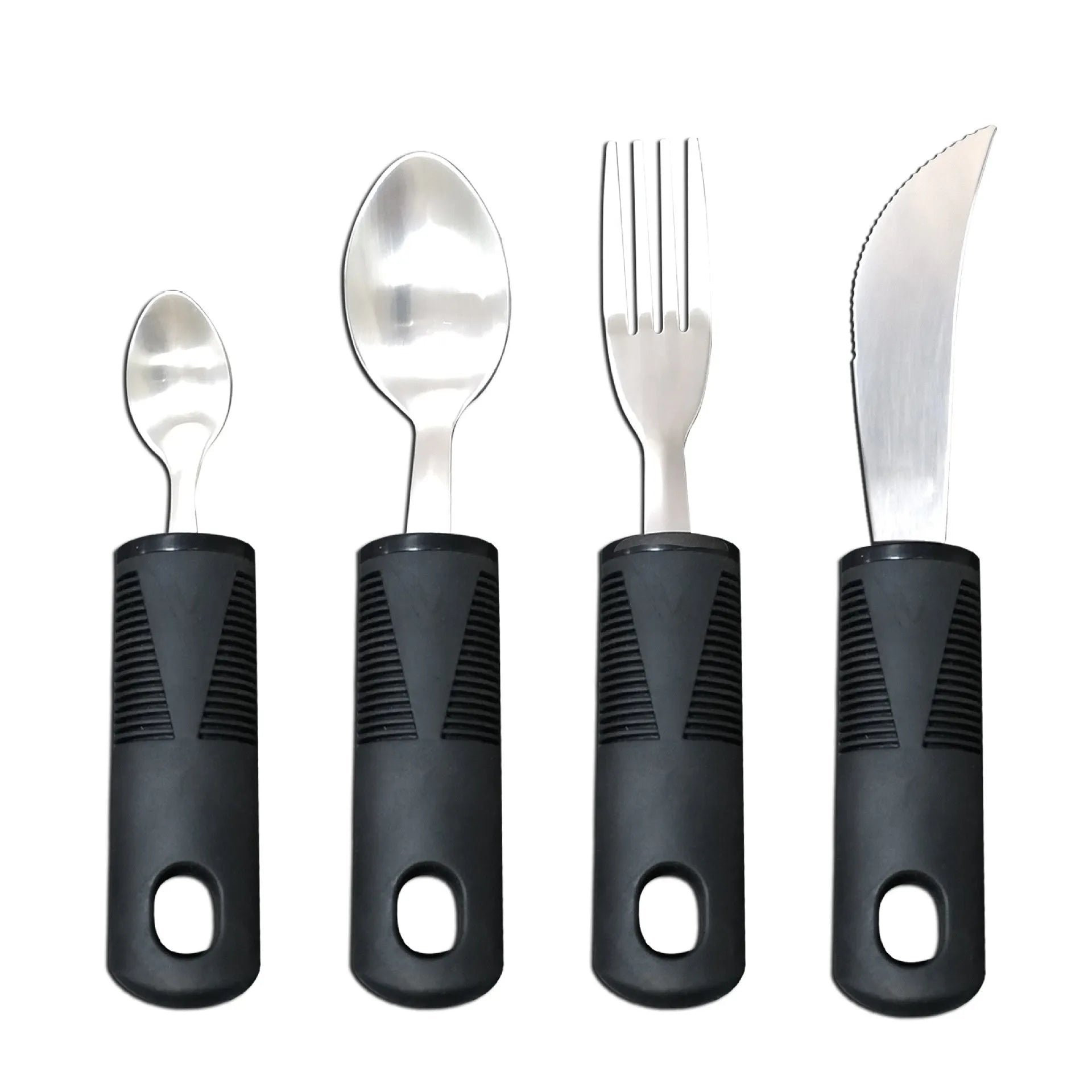 Stainless steel adaptive cutlery set with rubber handles for elderly or disabled users