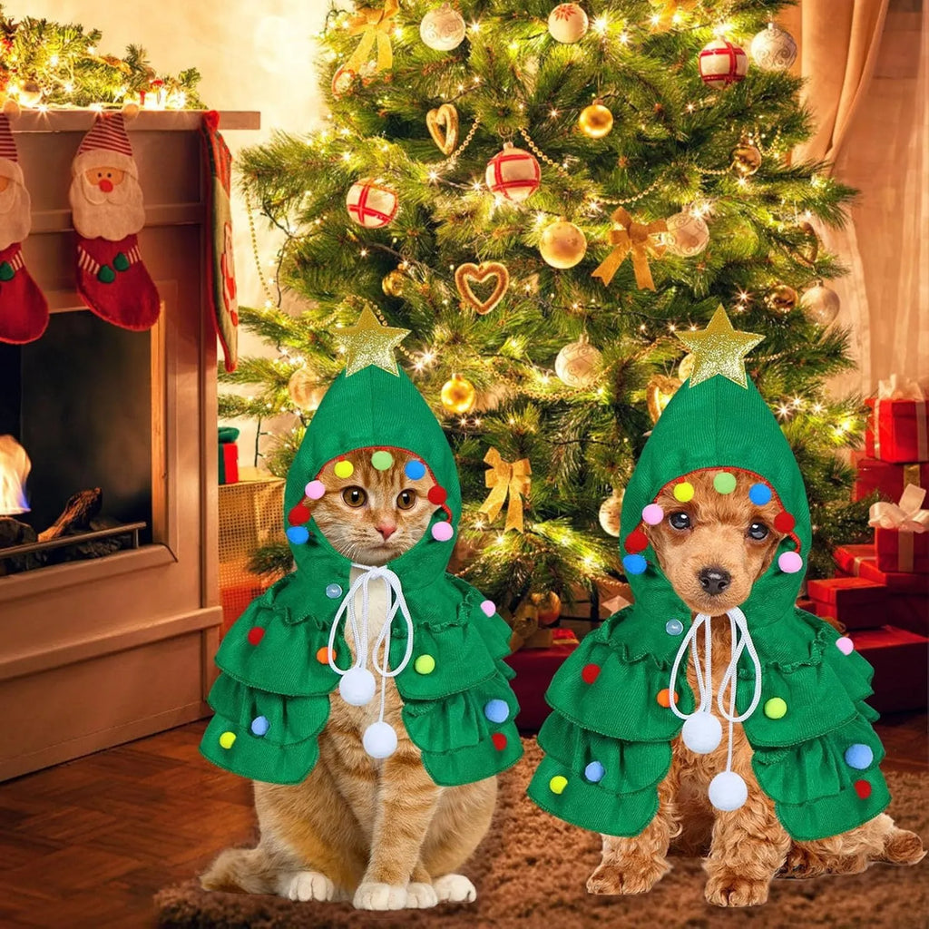 Cat Christmas tree costume in green with star ornament, size M, on a cat