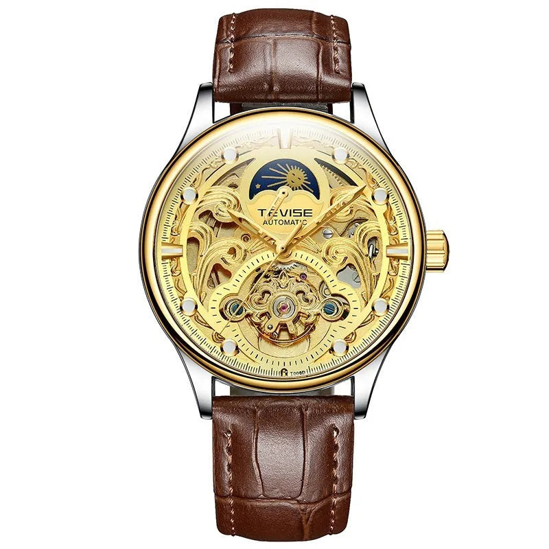 Men's gold leather strap automatic watch with waterproof 16mm case