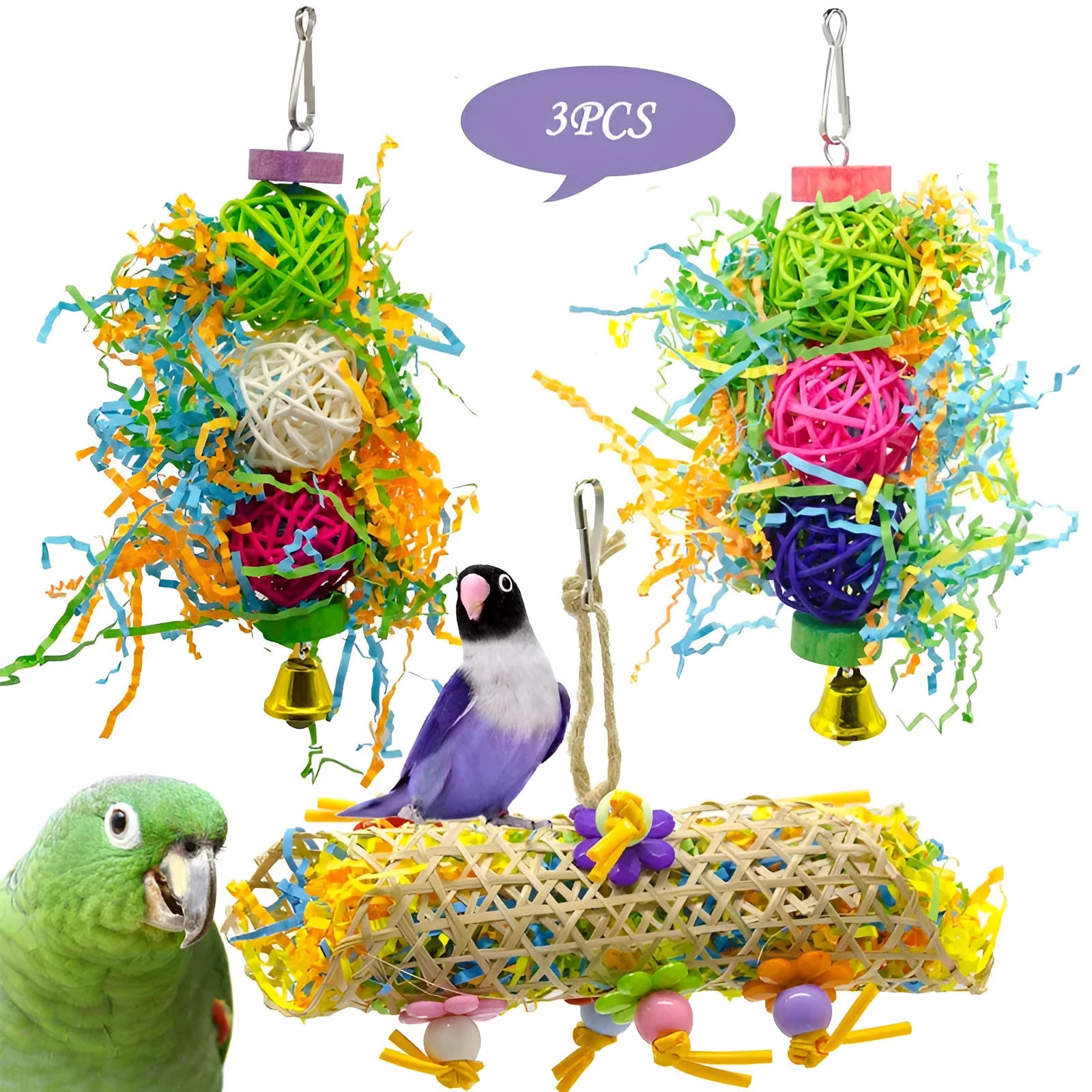3pcs bird toy set with natural bamboo, cotton rope, brushed rattan ball and grass wooden elements in multicolour