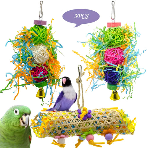3pcs bird toy set with natural bamboo, cotton rope, brushed rattan ball and grass wooden elements in multicolour