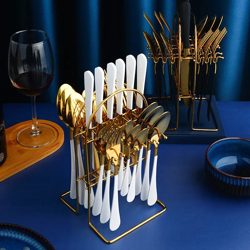 24-piece stainless steel cutlery set with storage rack in a gold finish