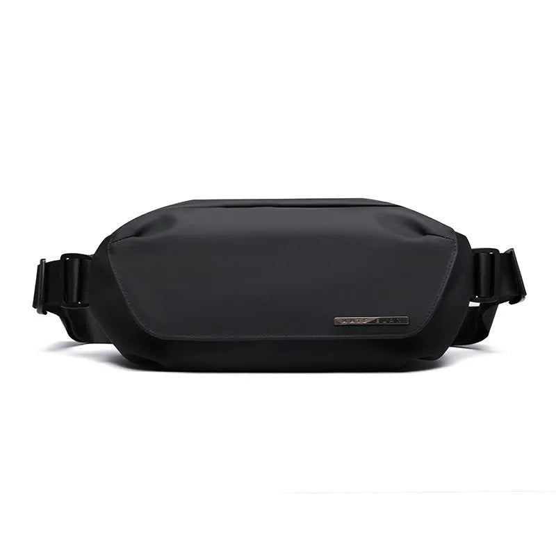 Black Oxford cloth messenger bag with one-shoulder design and street style details