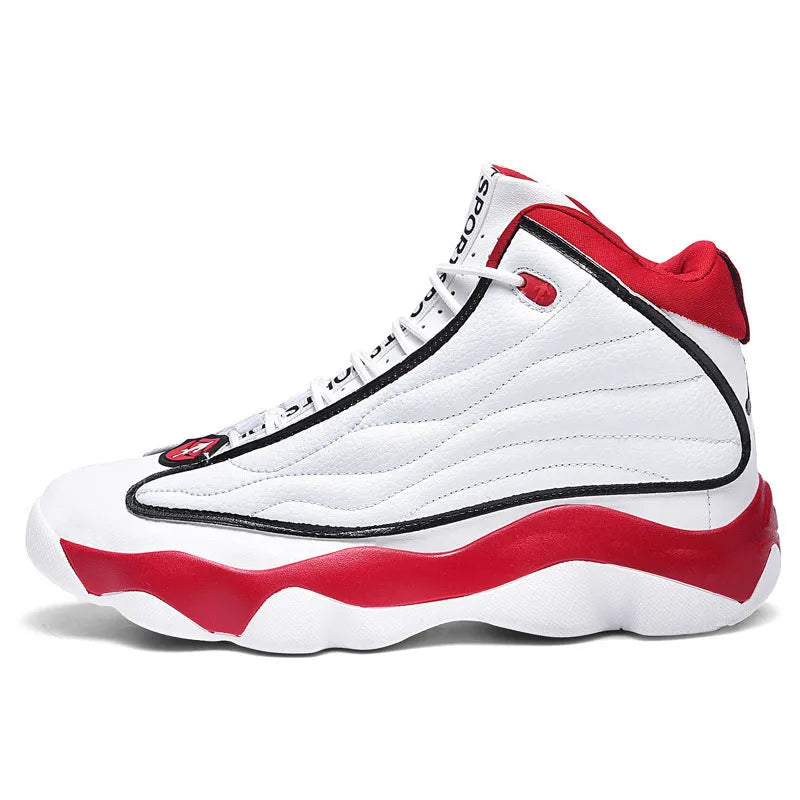 High-top basketball shoes with thick rubber soles and mesh uppers in AJ13 white red colourway