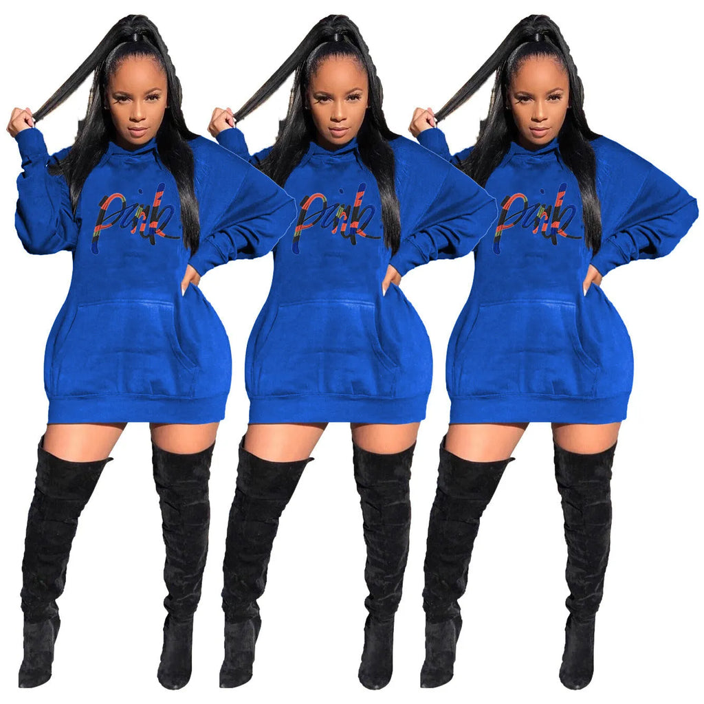 Casual solid colour embroidered letter bat sleeve hooded dress in blue against white background