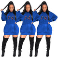 Casual solid colour embroidered letter bat sleeve hooded dress in blue against white background