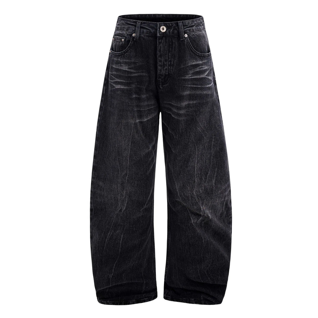 Men's black straight-leg jeans with lightning crack pattern on American washed denim