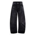 Men's black straight-leg jeans with lightning crack pattern on American washed denim