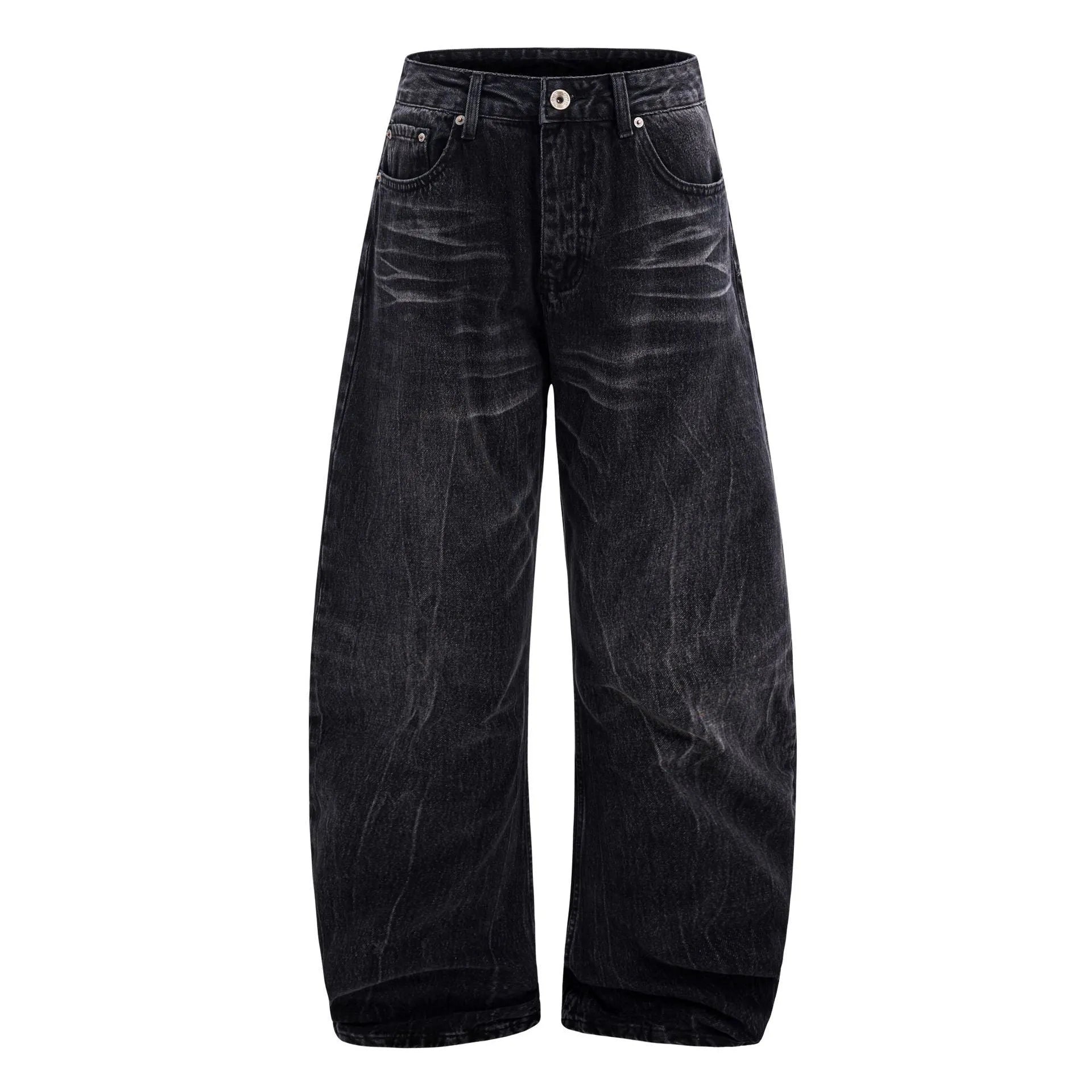 Men's black straight-leg jeans with lightning crack pattern on American washed denim