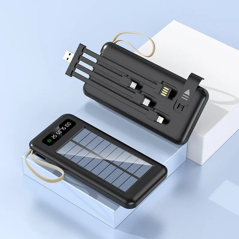 Solar power bank in black or white with polymer lithium ion battery showing capacity options of 20000mA or 30000mA