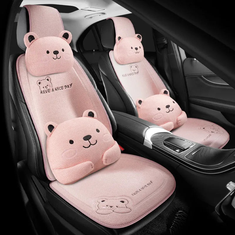 Car seat cushion set with lumbar support pillow and headrest cushion in cure bear linen fabric