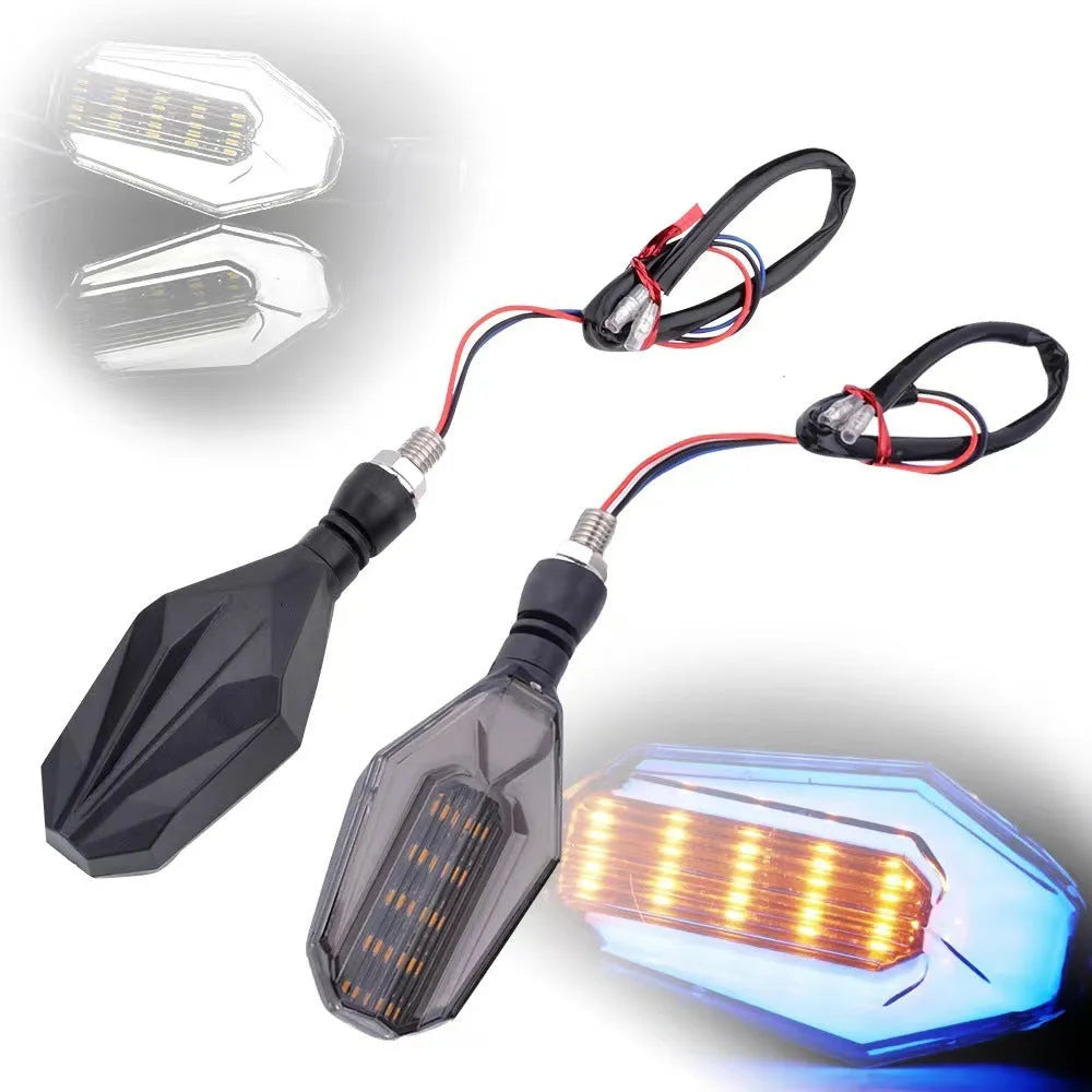 Motorcycle modified two-colour light guide 30 LED steering indicator signal set showing light guide colours