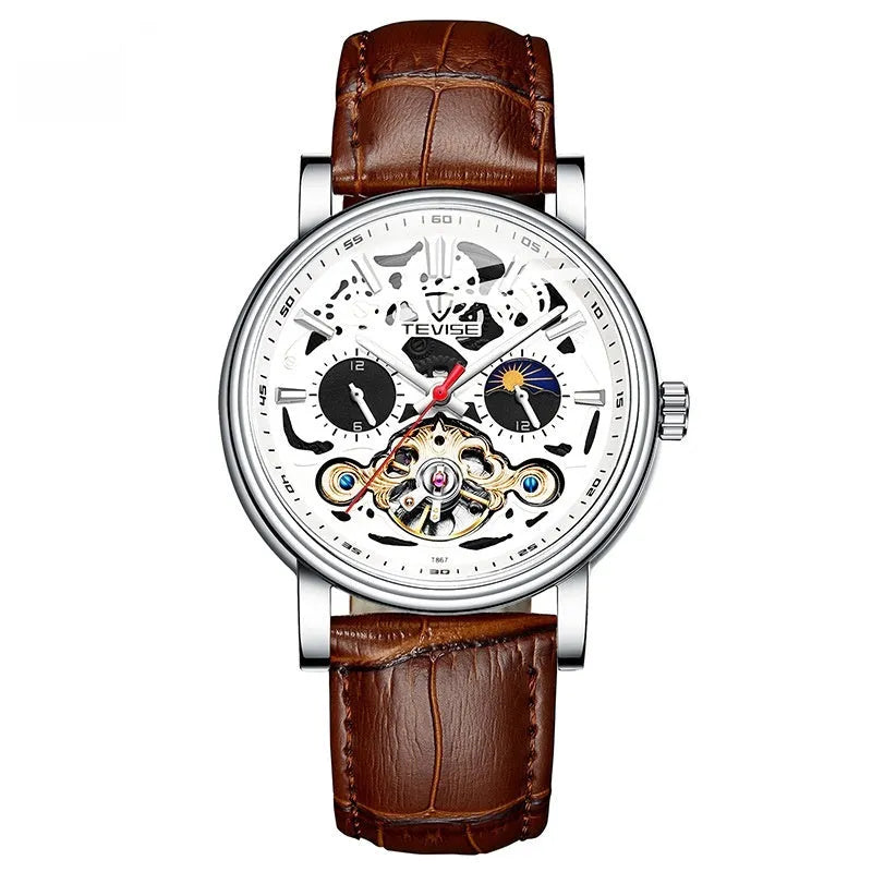 Men's tourbillon mechanical watch with luminous hands on a black leather strap