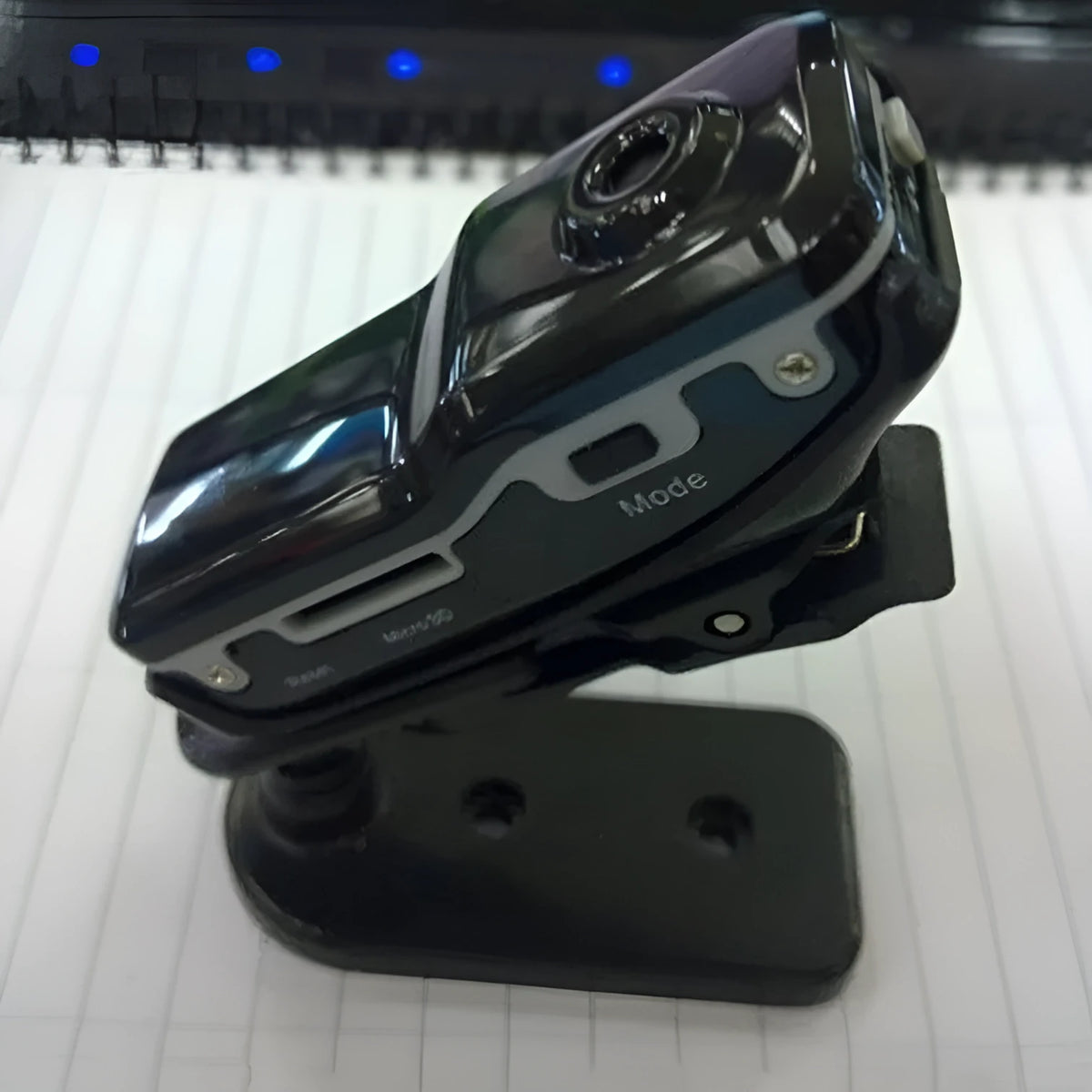 Mini HD MD80 mini DV camera in black with clip-on adapter and USB cable