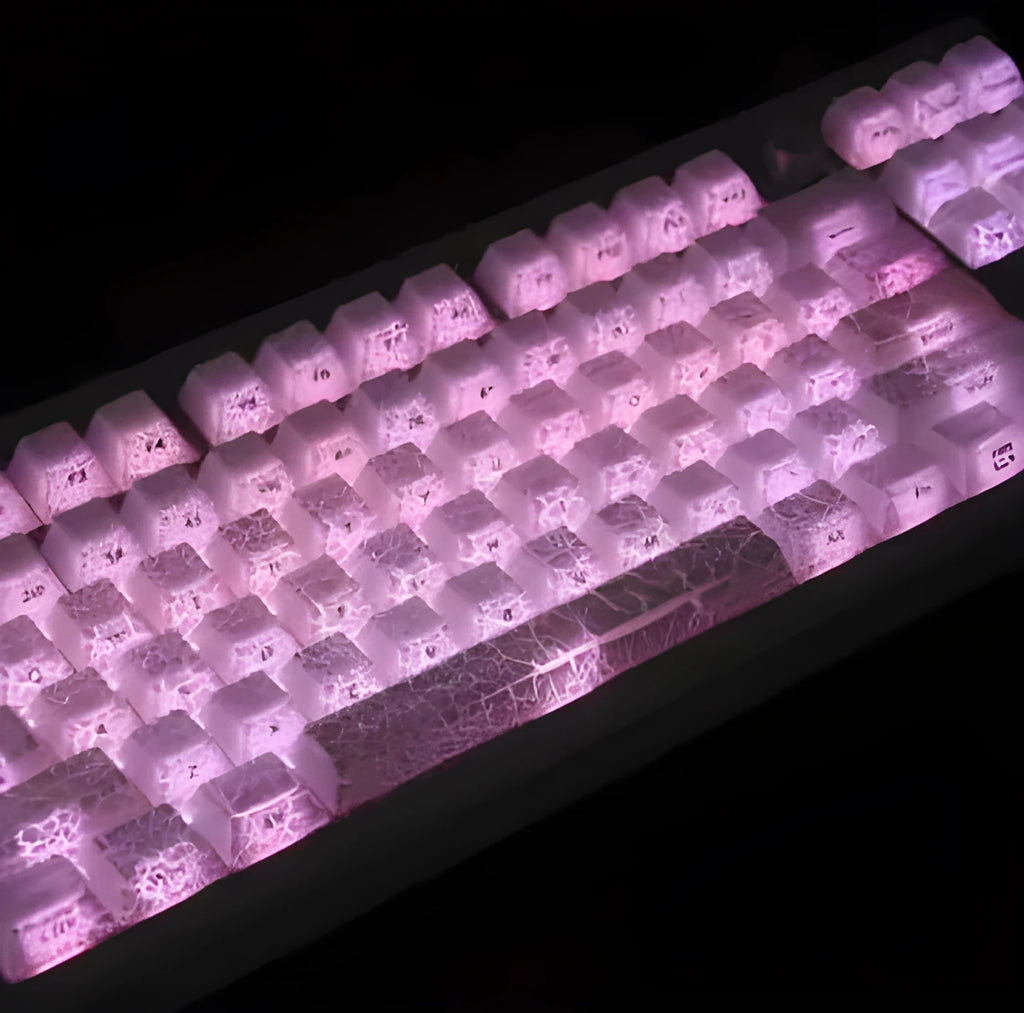 White transparent mechanical keyboard keycaps with side carving detail on keycap profiles