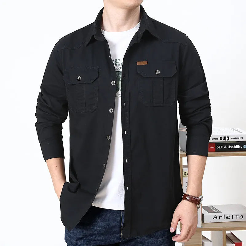 Men's cotton military-style loose fit long-sleeve shirt in army green, available in sizes M to 6XL