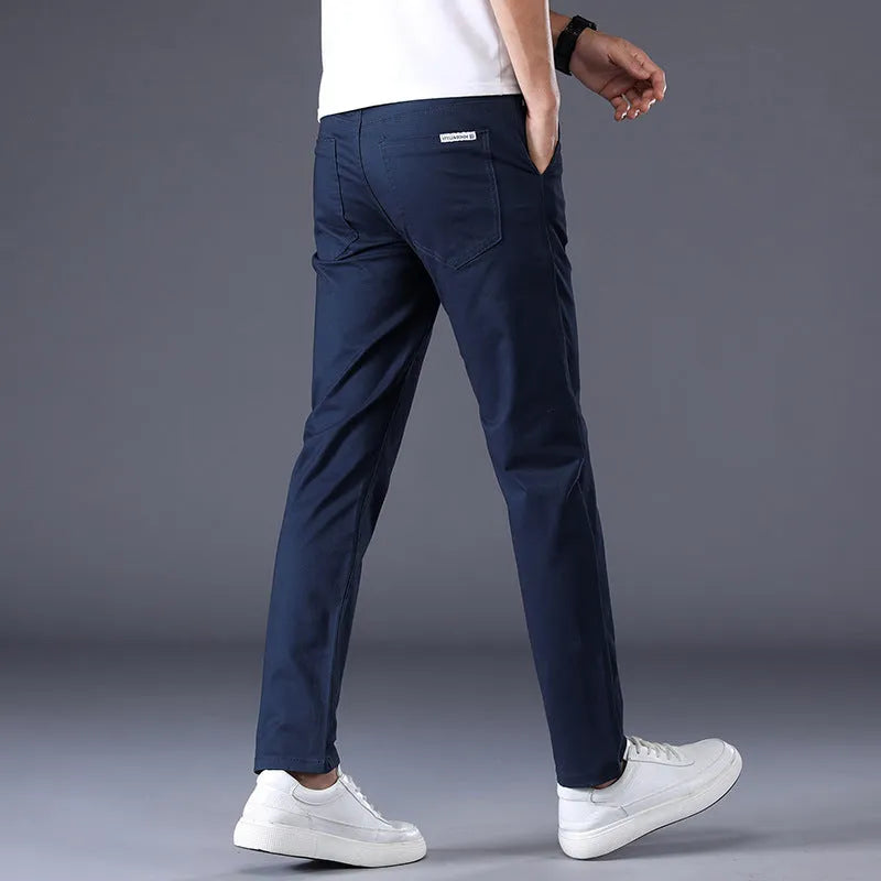 Men's solid colour casual trousers Korean style straight leg cotton fabric mid waist available in khaki black and other colours sizes 28-38