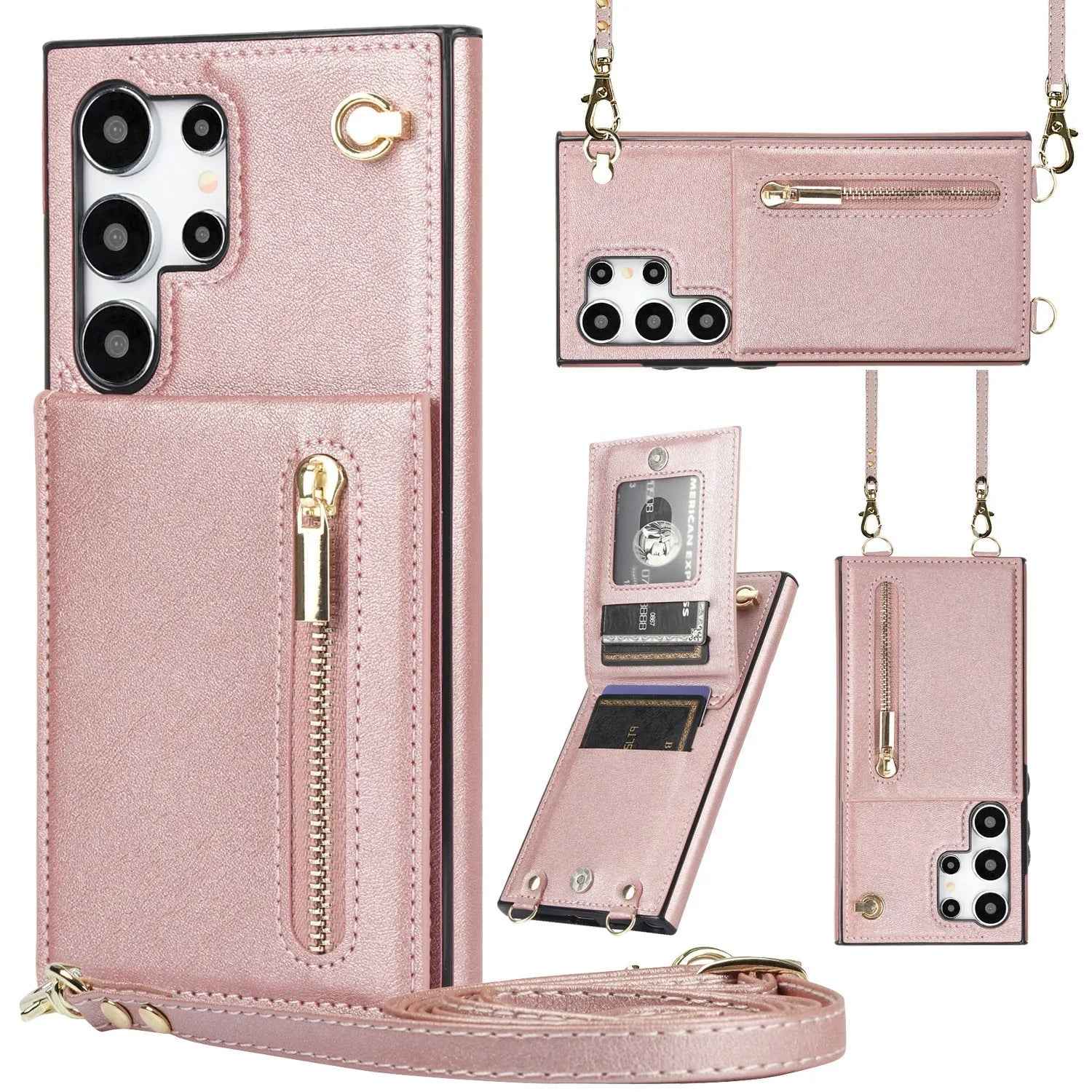 Handmade PU TPU leather Samsung phone case with bracket, card slots and crossbody zipper in multiple colours