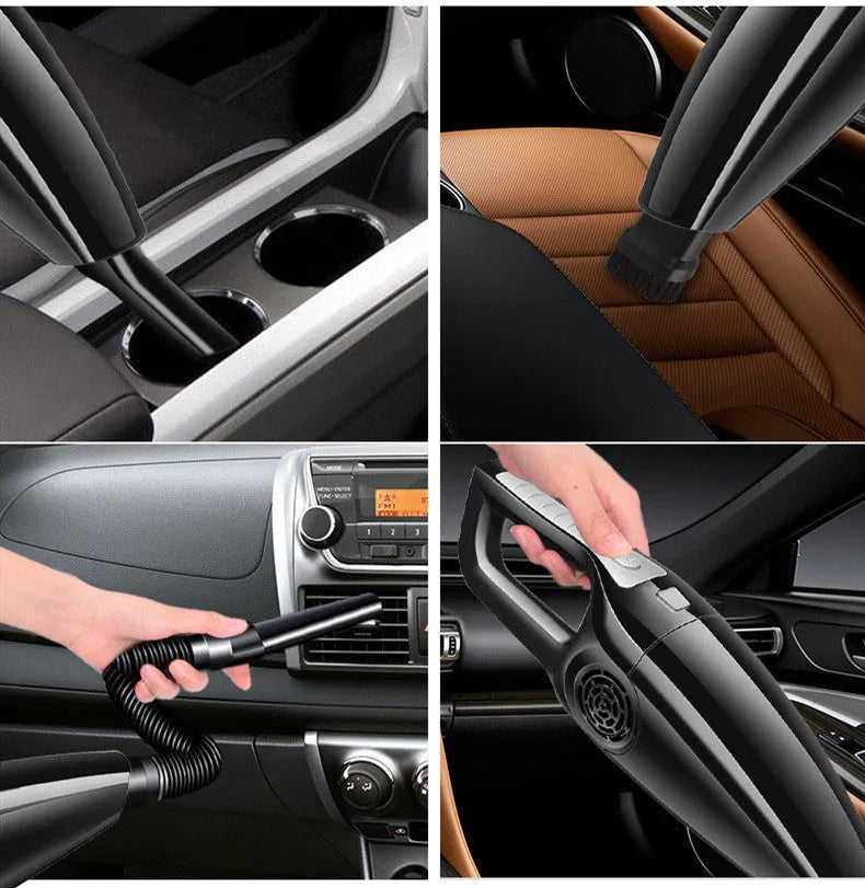 Black and orange car vacuum cleaner with cigarette lighter plug showing dimensions 36cm by 10cm by 13cm
