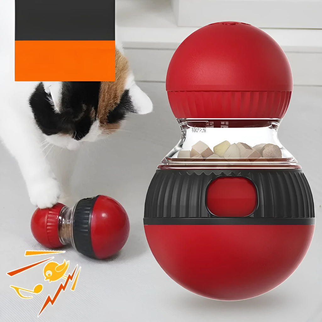 Rotating plastic cat toy in Super Ball colour with food-dropping and sound features.