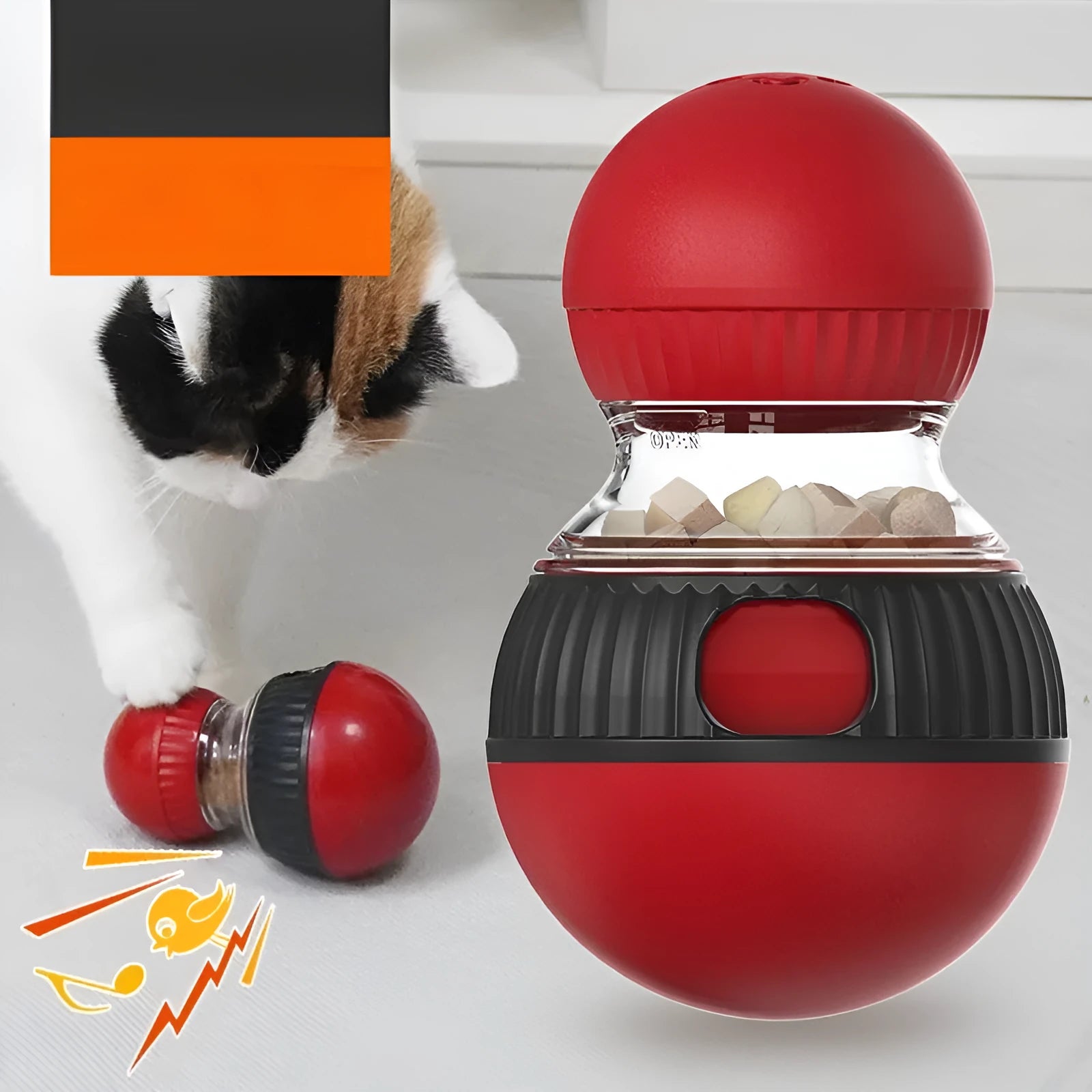 Rotating plastic cat toy in Super Ball colour with food-dropping and sound features.