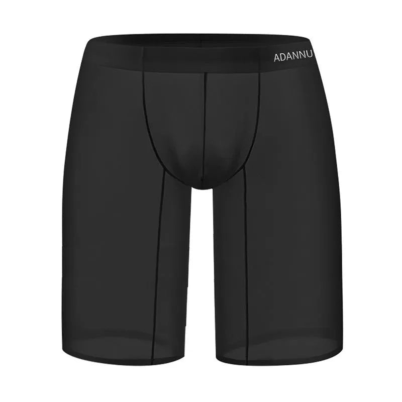 Men's black seamless mesh home shorts with a hip-lifting function, made from knitted nylon fabric.