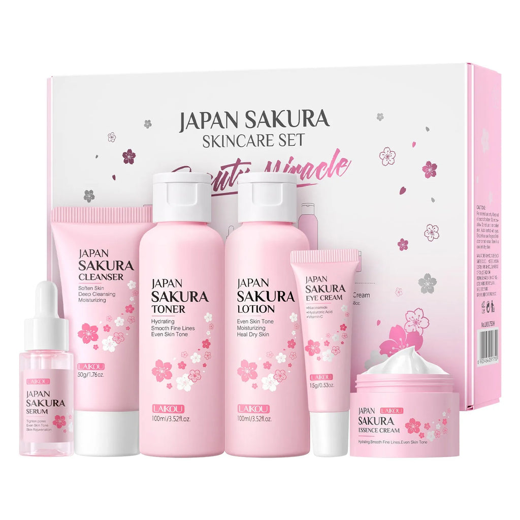 Cherry Blossom six-piece skincare set showing cleanser, toner, cream, essence, eye cream and essence cream