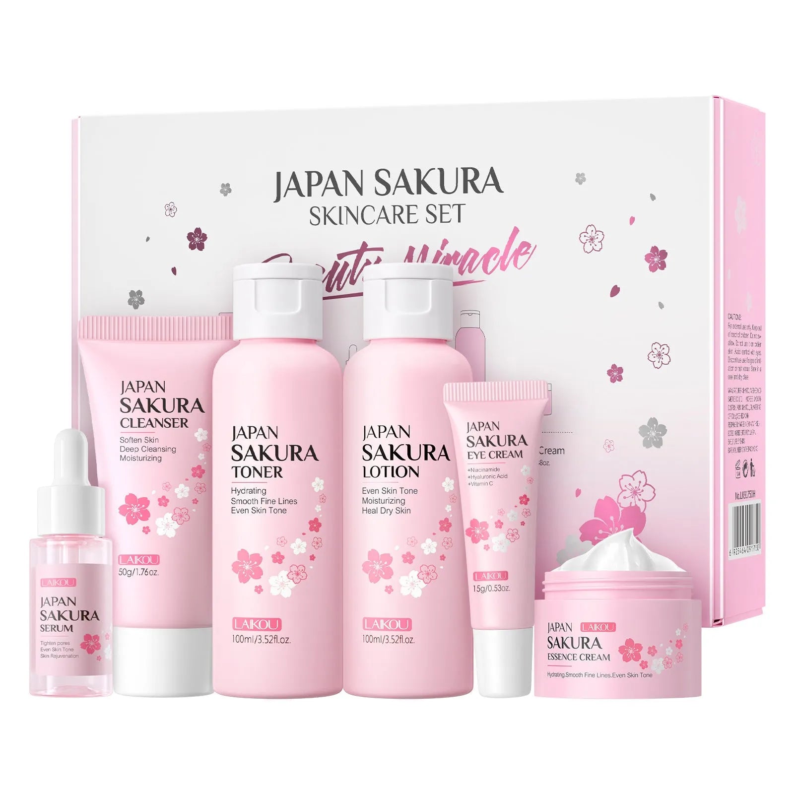 Cherry Blossom six-piece skincare set showing cleanser, toner, cream, essence, eye cream and essence cream