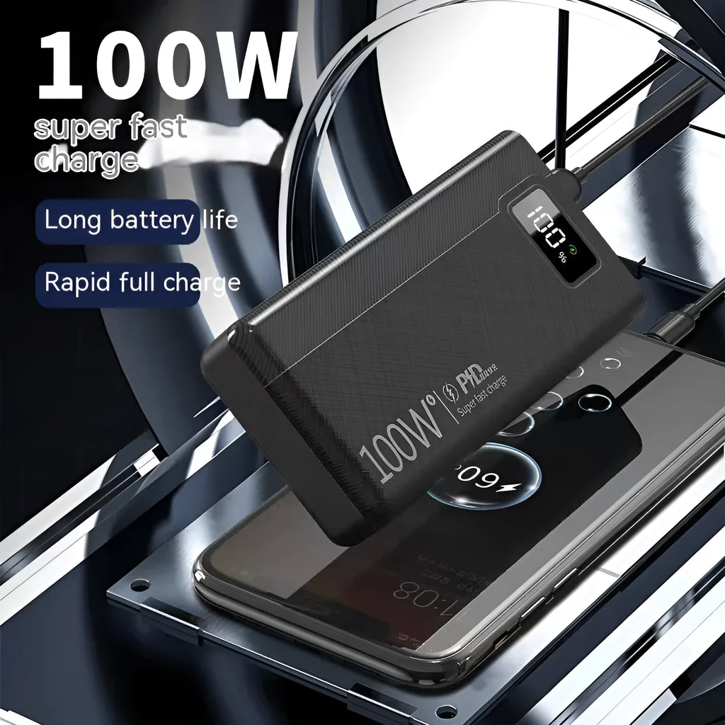 Large capacity power bank in black or white colour with plastic shell, showing front view with dimensions