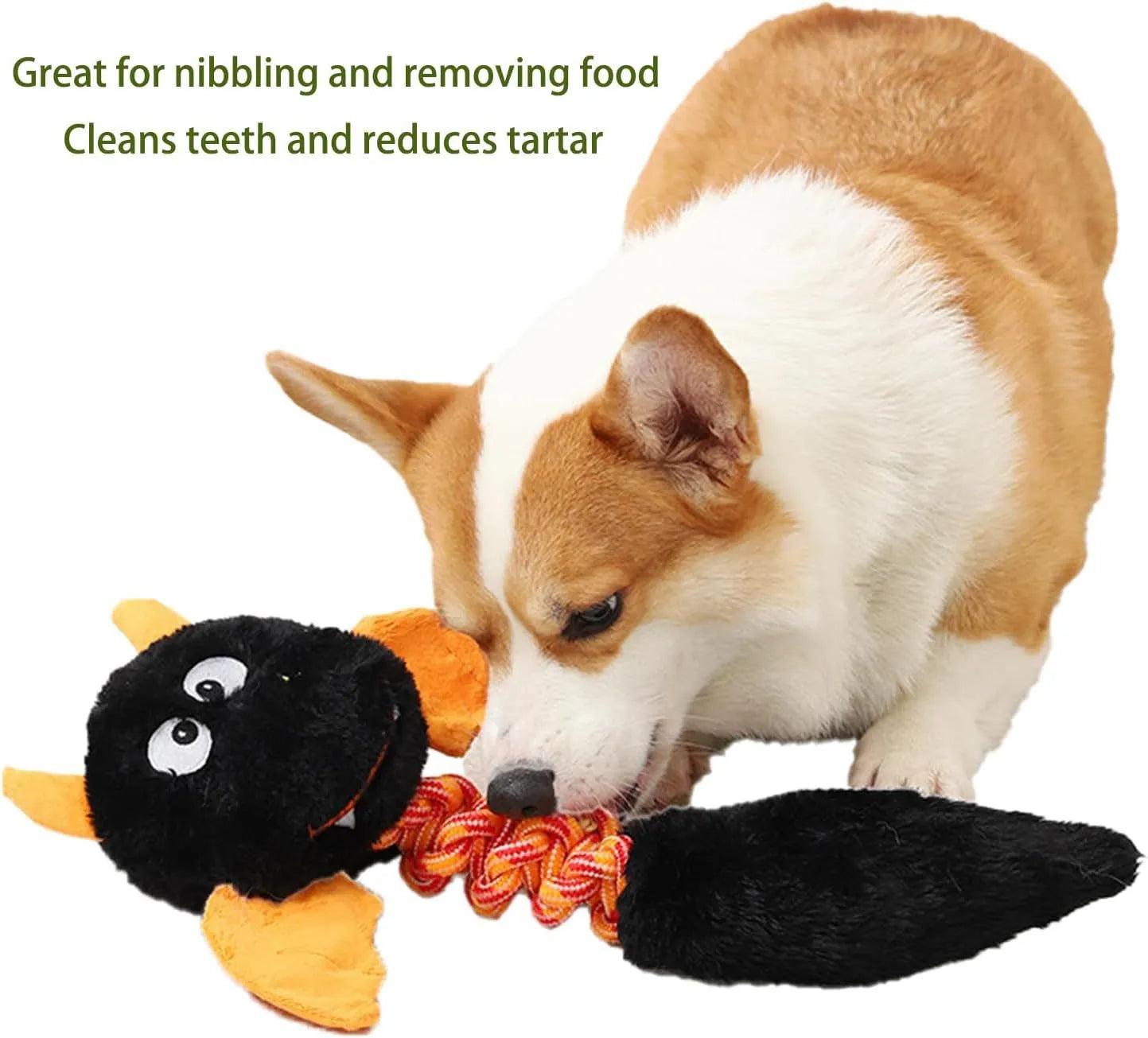 Large black, green, or red plush dog toy with cartoon design, squeaker, and rope knot.