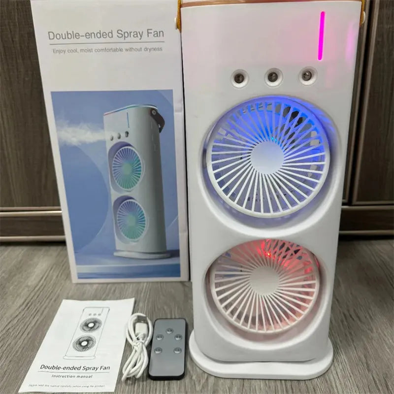 White portable USB humidifier fan with remote control on a desk