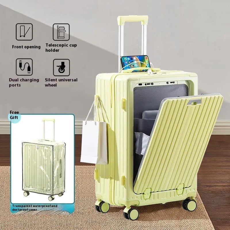 Front open cover multifunctional trolley case in titanium gray with USB interface and universal wheels
