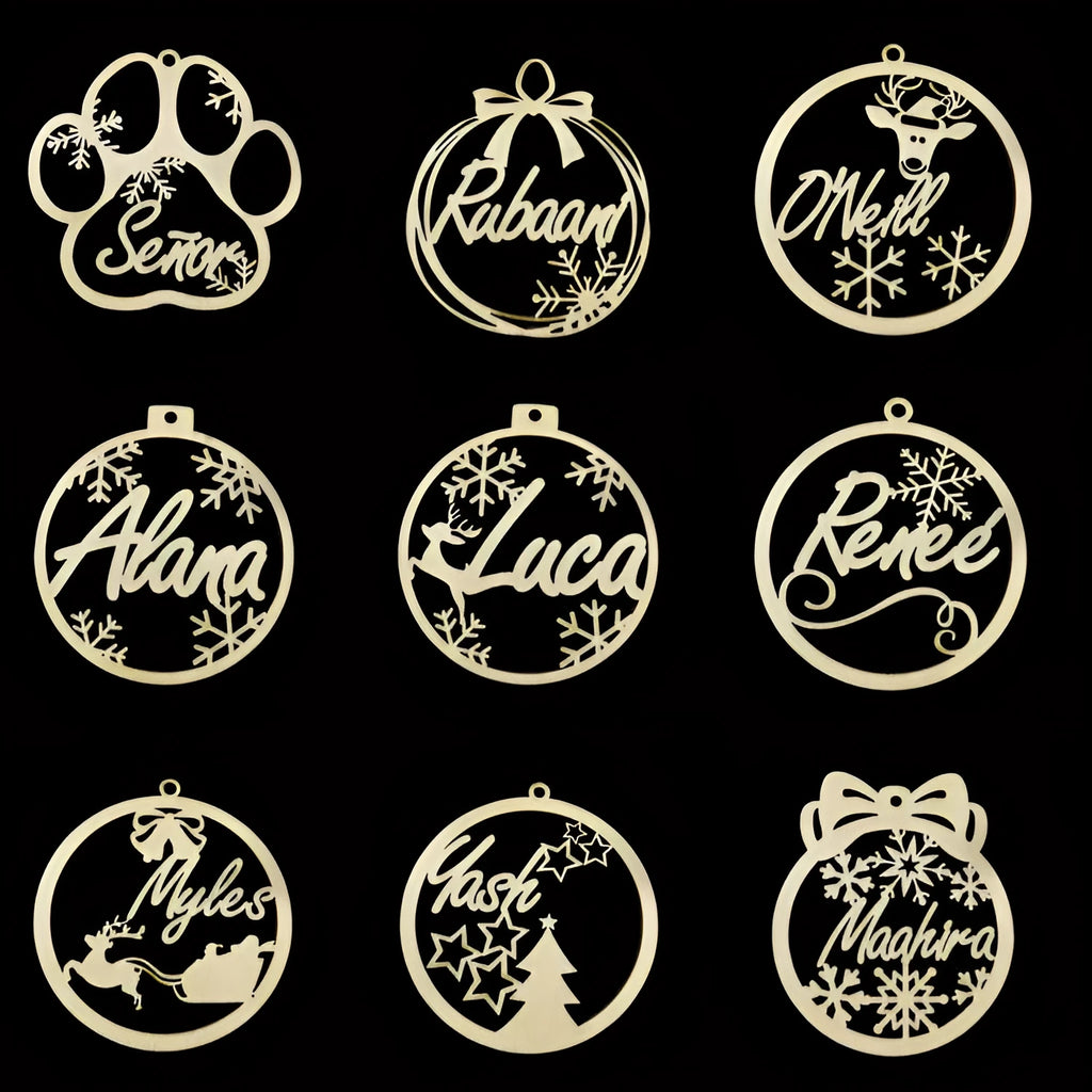 Hollow wooden Christmas tree decoration pendant with carved design personalised with English name