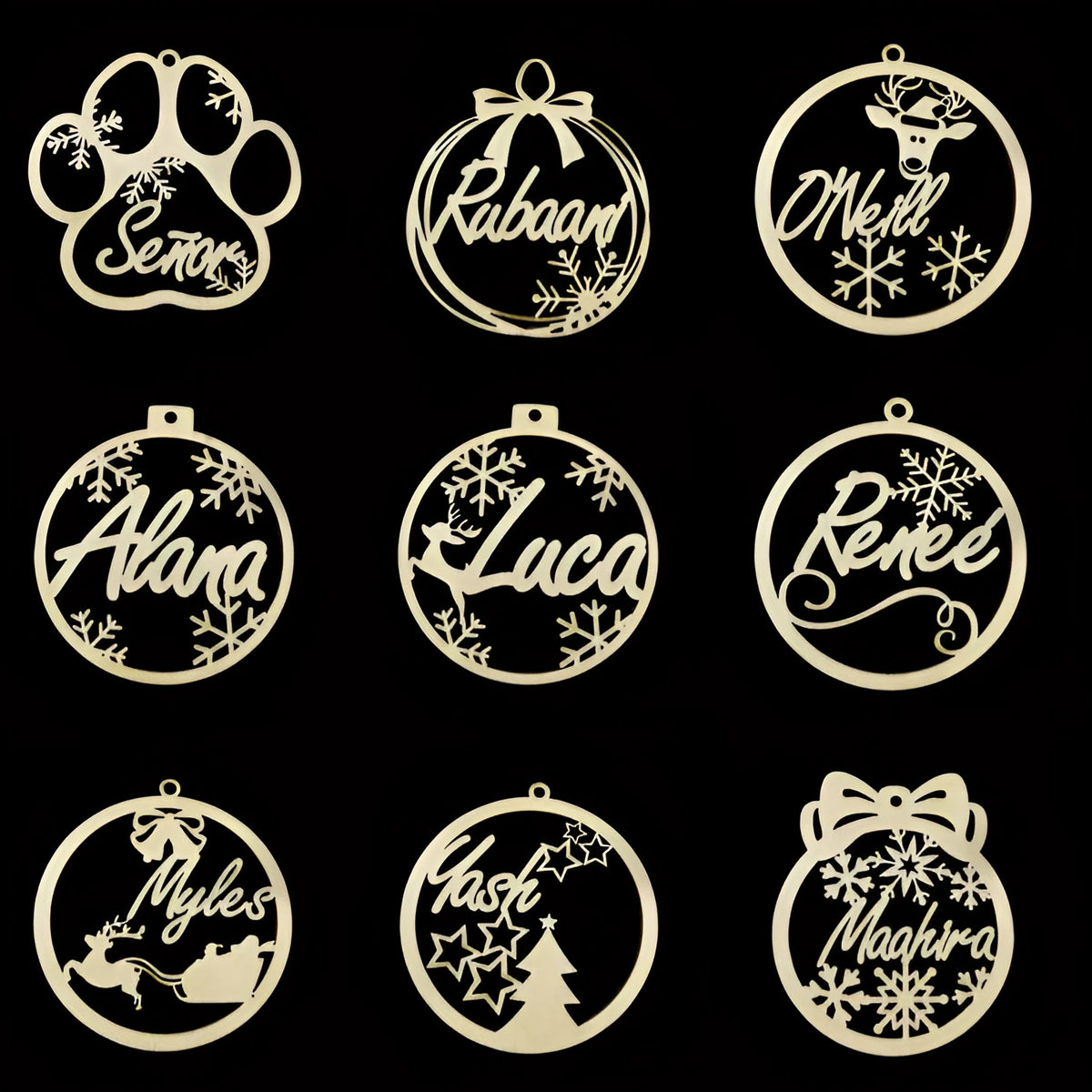 Hollow wooden Christmas tree decoration pendant with carved design personalised with English name
