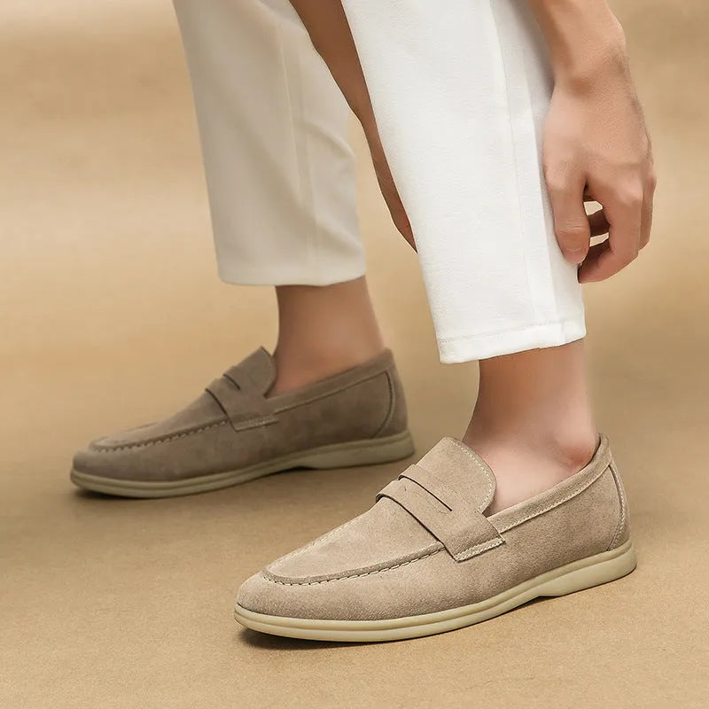 Men's beige slip-on shoes with cowhide leather upper and round toe design