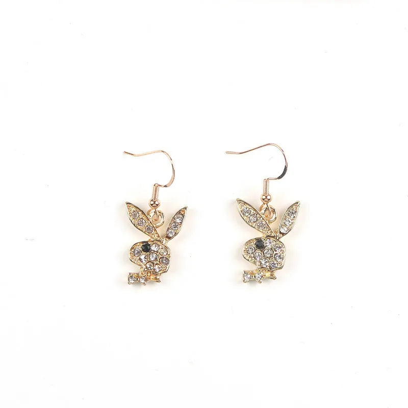 Cute full diamond rabbit stud earrings in silver, gold, and pink colour options.