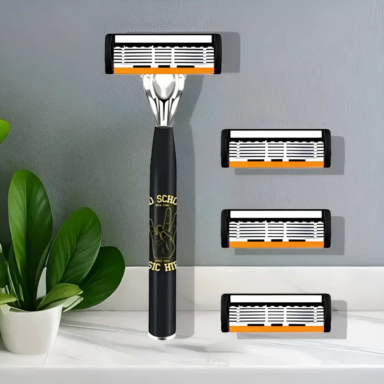 Black manual shaver holder with six-layer finger grip handle and multiple blade rests