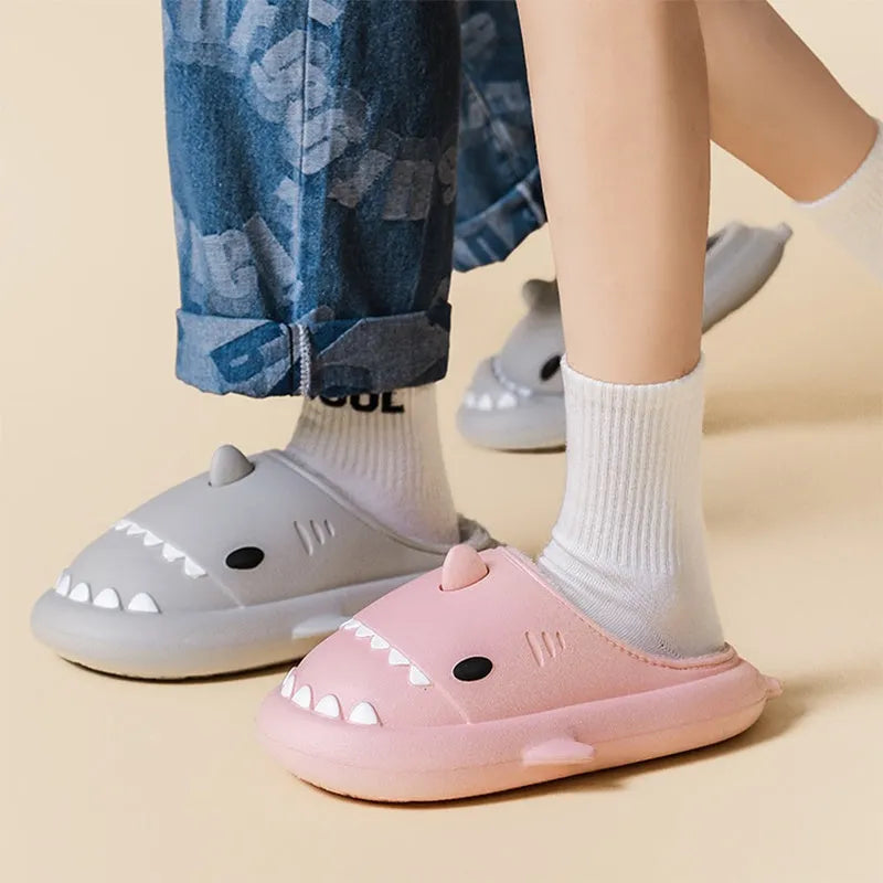 Cartoon shark EVA slippers in yellow couple colour with Baotou closed-toe style and thickened sole