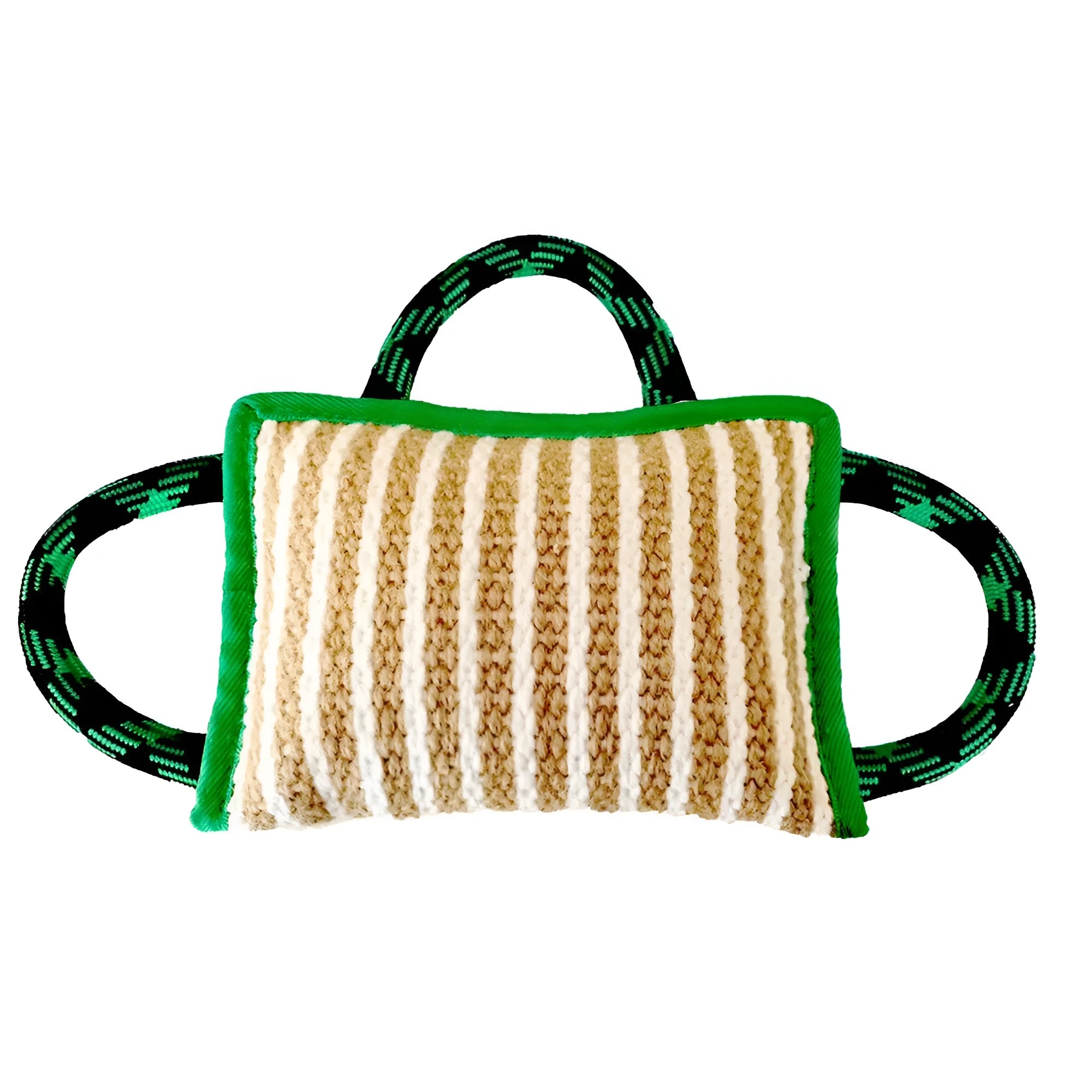 Jute dog tug toy with three rope handles showing 26 cm bite pillow for medium large dogs