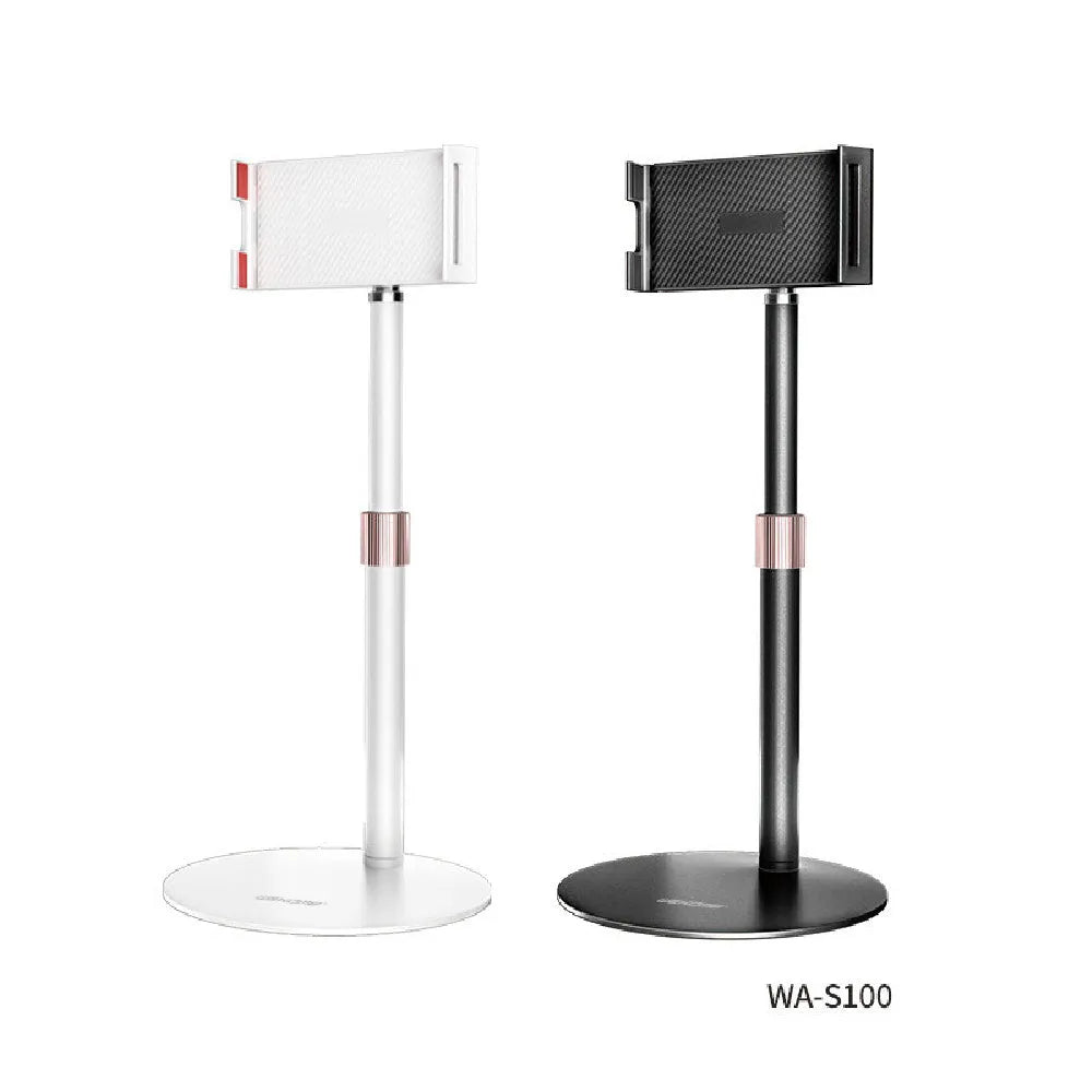 Black adjustable lifting metal bracket holding a tablet, showing extended telescopic arm.