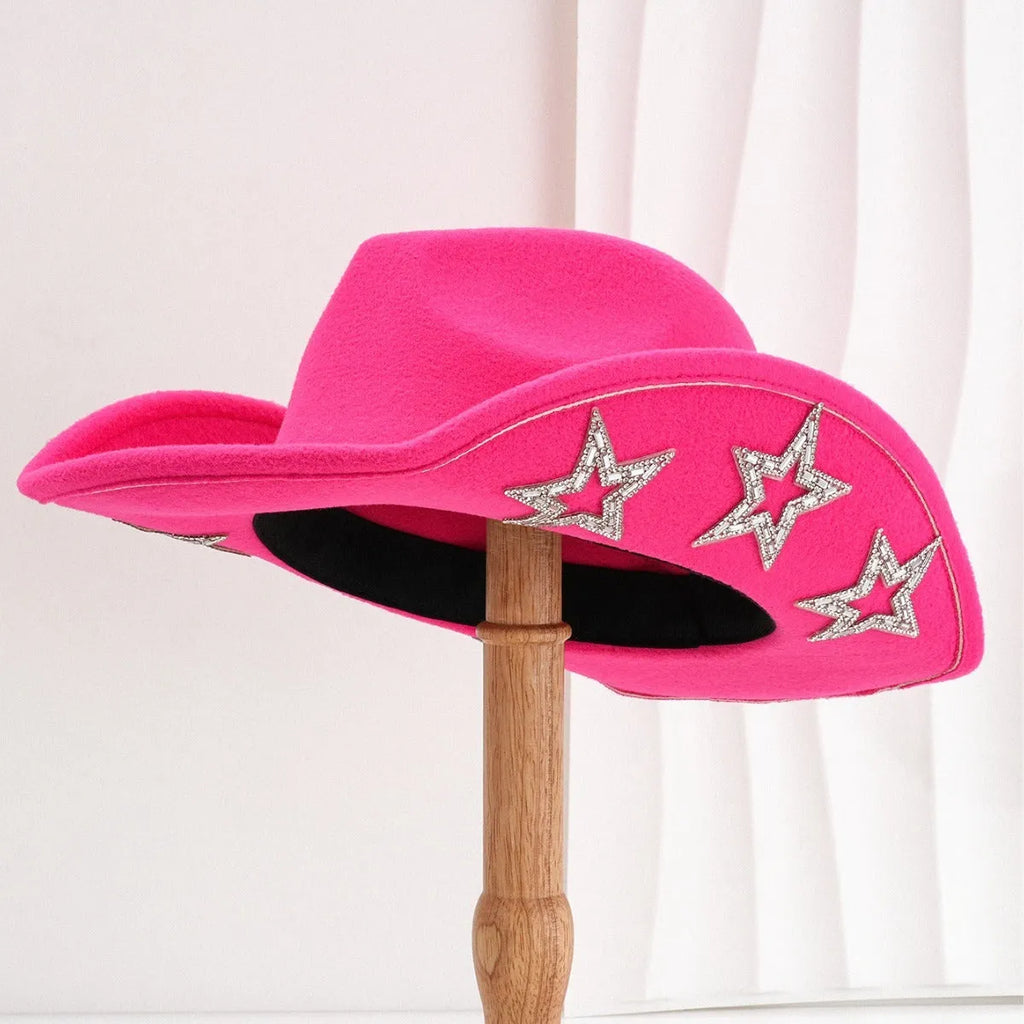 Beige polyester Western-style top hat with a conical crown and a silver hexagonal star decoration on the front.