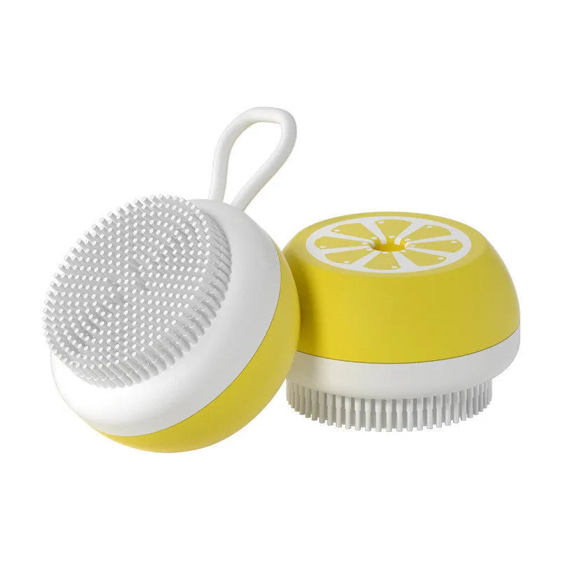 A soft silicone pet bath brush in yellow, shown with both a combed hair side and a 3D massage head side for dog and cat grooming.