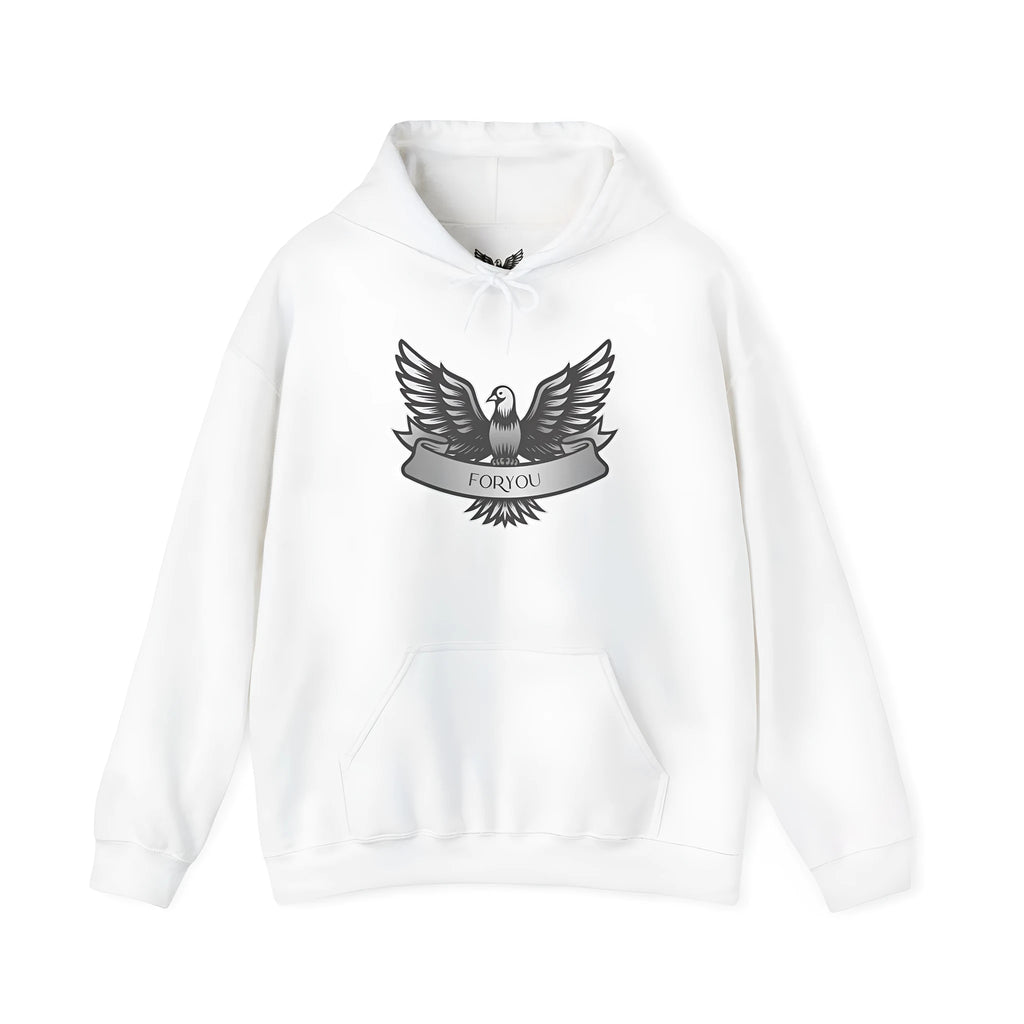 A solid colour unisex pullover hoodie in a cotton blend fabric, shown on a hanger.