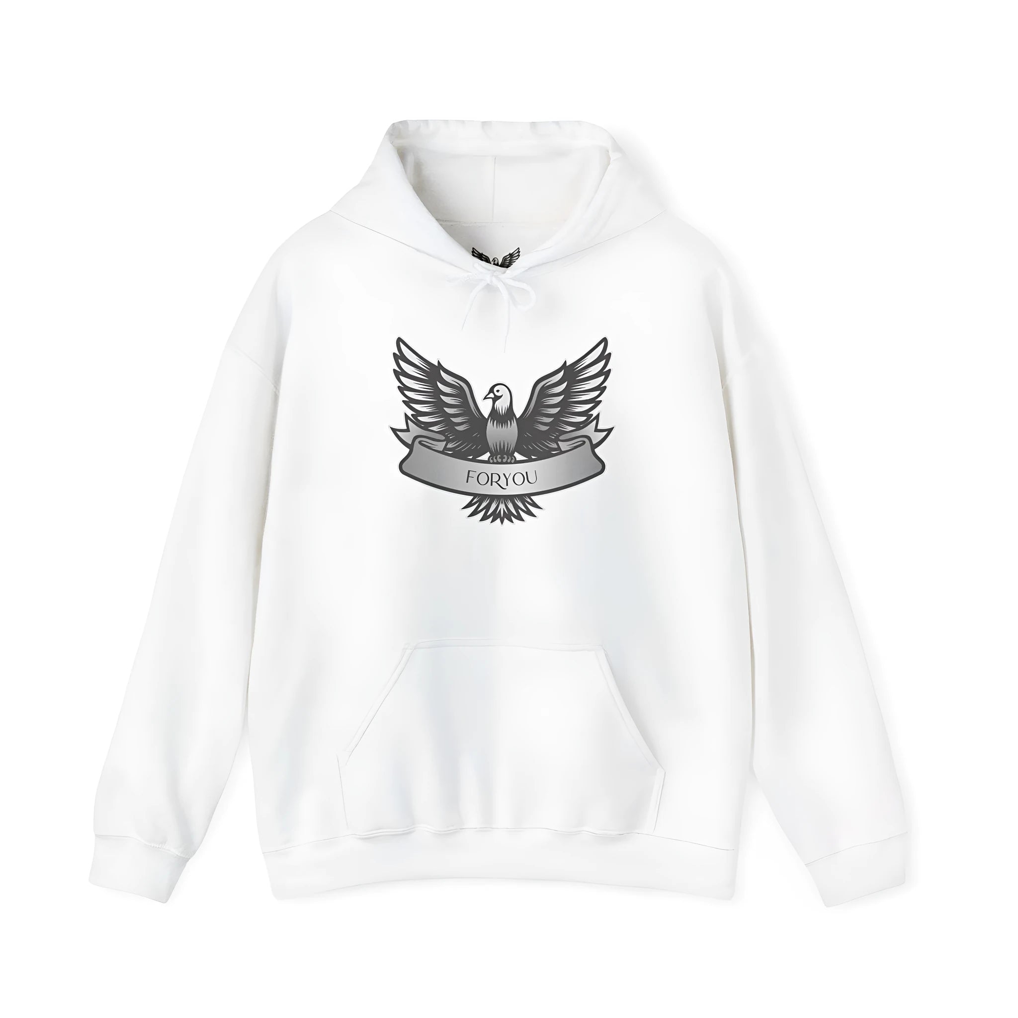 A solid colour unisex pullover hoodie in a cotton blend fabric, shown on a hanger.