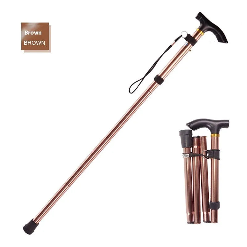 Aluminium folding walking cane with a non-slip handle, shown extended and in silver colour.